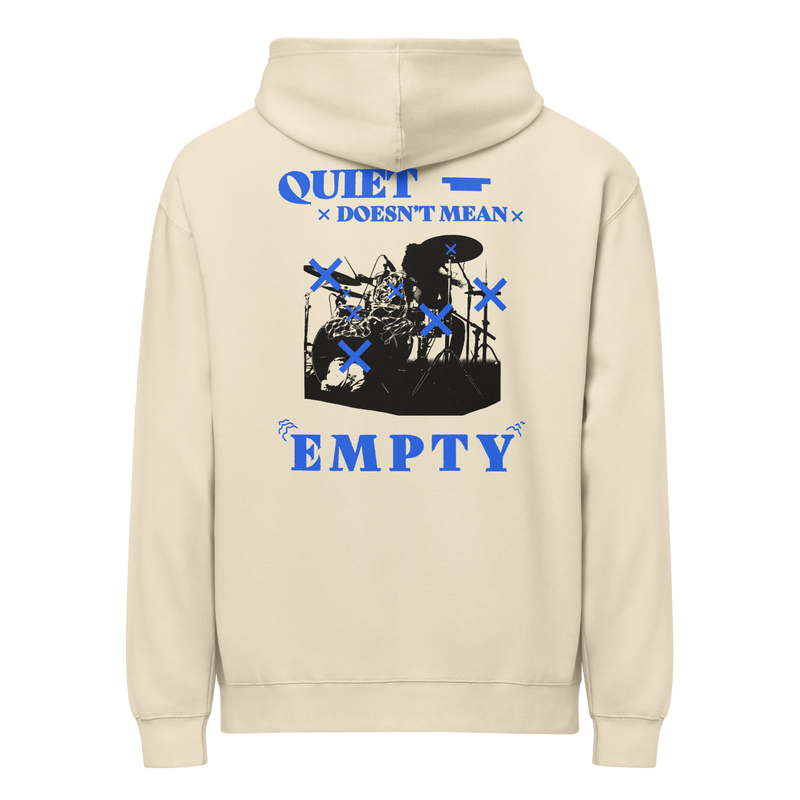 Quiet Doesn't Mean Empty Box Hoodie in Bone, back print showing the full halftoned kit poster