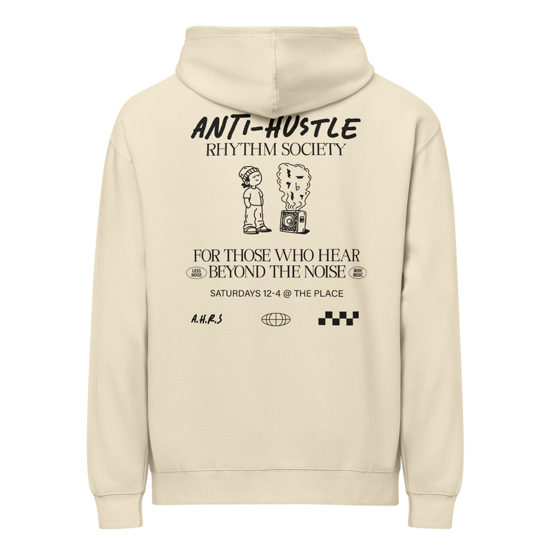 Anti-Hustle Rhythm Society Box Hoodie in Bone, back print showing the full Anti-Hustle Rhythm Society flyer