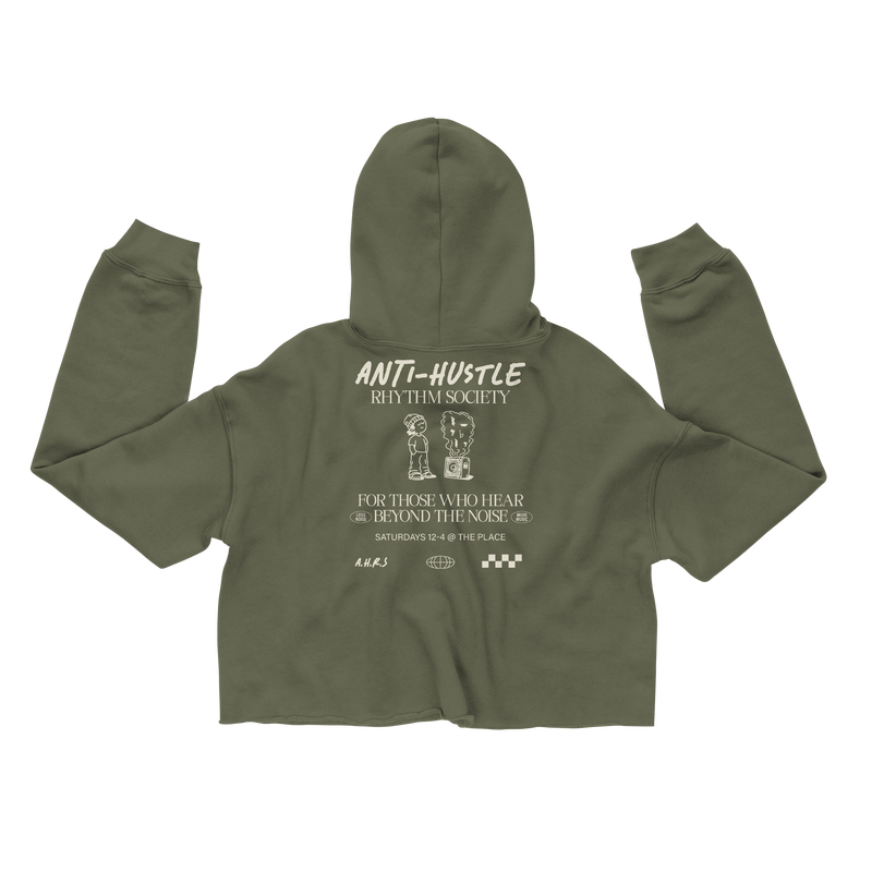 Anti-Hustle Swing Shift Women's Crop Hoodie in Military Green, back print showing the full Anti-Hustle Rhythm Society flyer