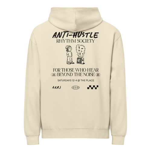 Anti-Hustle Rhythm Society Box Hoodie in Bone, back print showing the full Anti-Hustle Rhythm Society flyer