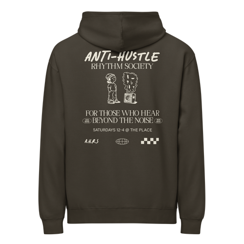 Anti-Hustle Rhythm Society Box Hoodie in Vintage Black, back print showing the full Anti-Hustle Rhythm Society flyer