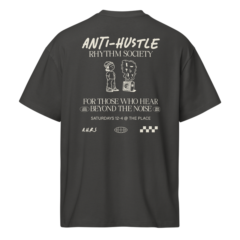 Anti-Hustle Rhythm Society Box Tee in Vintage Black, back print showing the full Anti-Hustle Rhythm Society flyer