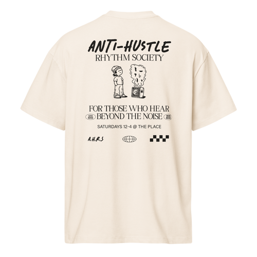 Anti-Hustle Rhythm Society Box Tee in Vintage White, back print showing the full Anti-Hustle Rhythm Society flyer