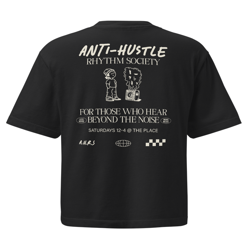 Anti-Hustle Swing Shift Women's Boxy Tee in Black, back print showing the full Anti-Hustle Rhythm Society flyer